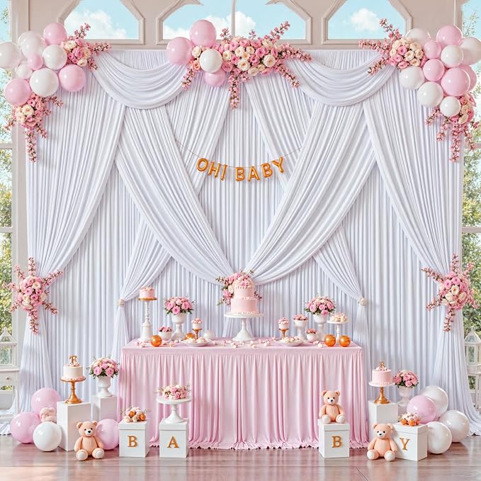 30x10ft White Backdrop Curtains for Parties Wedding Photo Wrinkle Free White Drapes Backdrop Polyester Photoshoot Back Drop for Baby Shower Birthday Party Photography Background 6 Panels 5x10FT