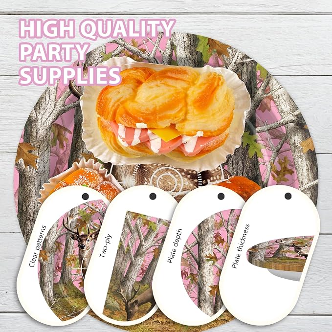 96Pcs Pink Hunting Deer Camo Decorations Woodland Deer Plates and Napkins Tableware Sets Hunting Themed Decorations for Hunter Outdoor Camping Picnic Camouflage Party Supplies Serves 24
