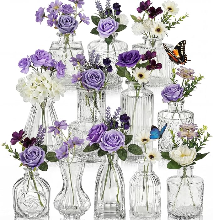 36 Pcs Artificial Flowers Table Centerpiece with Vases Colorful Wildflower Centerpieces Silk Flower Arrangement for Wedding Baby Shower Table Centerpieces Party(Purple Series,Clear)