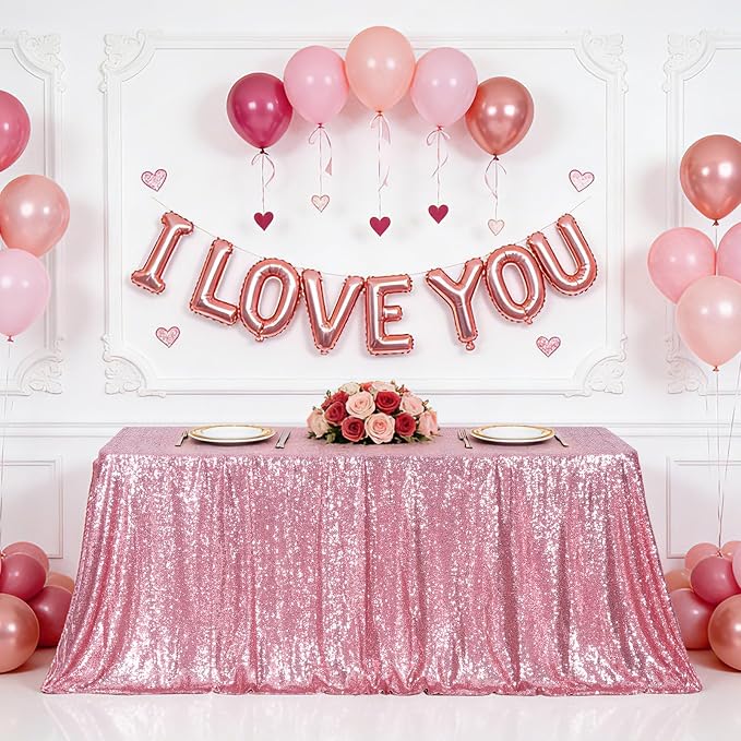 Eternal Beauty Fuchsia Pink Tablecloth, 90x132 Inch Sequin Rectangle Table Cover for Valentines Cake Dessert Exhibition Party Birthday Events