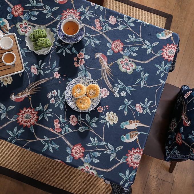 patdrea Elegant Vintage Linen Tablecloth,Rectangular,118"x67"-Lanruoting | Vintage Table Cloth for Rectangle Table,Blue Oriental Bird Floral Print,Dining Tea Party Thanksgiving Coffe Table Decor