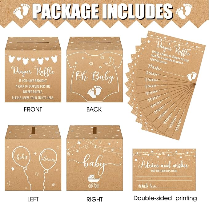 Teling 51 Pieces Diaper Raffle Tickets with Card Box Baby Shower Decorations Baby Shower Holder Box for Girl Boy Diaper Raffle Party(Kraft Paper Style)