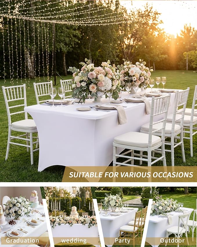 Fixwal 6 Pack White Tablecloth Rectangle 6Ft, Stretch Spandex Fitted Table Cover for Party, Trade Show, Wedding, Buffet, Graduation, Vendor Stand