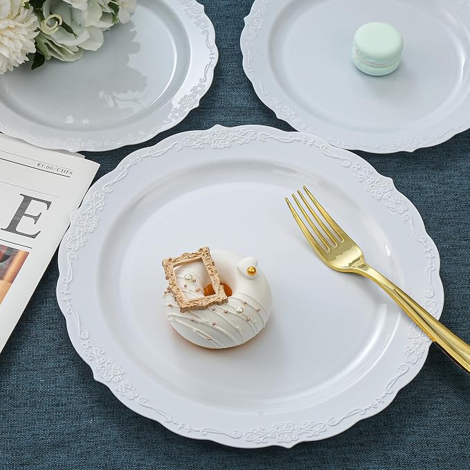 100 Pieces White Plastic Plates-7.5inch Dessert Disposable Plates - Premium Heavy Duty Hard Disposable for Dinner- Party Supplies for Birthdays, Celebrations, Wedding