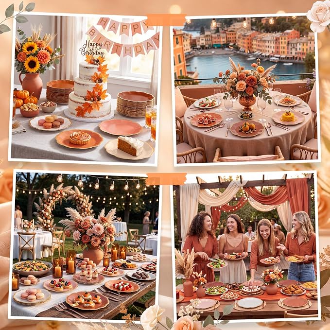 72 Pcs Beige-orange Peach Paper Plates 9 Inch Orange Gradient Scalloped Paper Disposable Dinner Dessert Plates for Birthday Wedding Bridal Baby Shower Party Supplies, 6 Colors