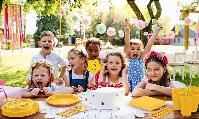 350 Pcs Yellow Plastic Plates For Party, Yellow Disposable Plates Set, 50 Of Each 9" Dinner Plate Set, 7" Dessert Plate, Cups, Napkins & Cutlery Plastic Dinnerware Set Exquisite