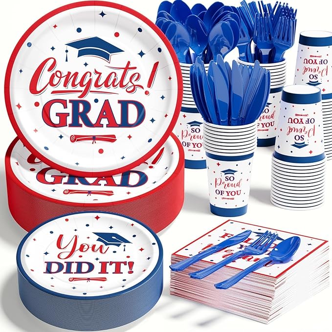 Ecomore Graduation Decorations Class of 2026, 350 PCS Graduation Party Supplies College High School Grad Decor Disposable Dinnerware (Serve 50) Paper Plates Cup Napkin Fork Knife Spoon (Red & Blue)