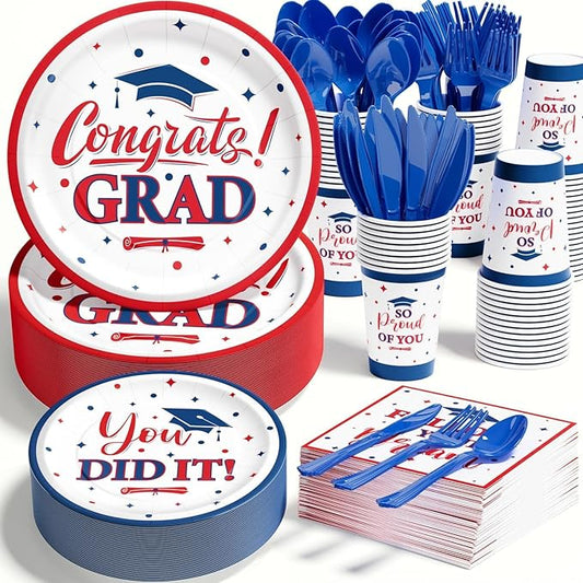 Ecomore Graduation Decorations Class of 2026, 350 PCS Graduation Party Supplies College High School Grad Decor Disposable Dinnerware (Serve 50) Paper Plates Cup Napkin Fork Knife Spoon (Red & Blue)