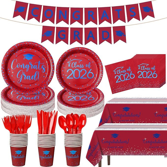 354Pcs Red and Blue Graduation Decorations Set ,2026 Graduation Party Supplies Serves 50,Includes Congrats Grad Banner Paper Plates Cups Napkins Tablecloths Tableware for Class of 2026