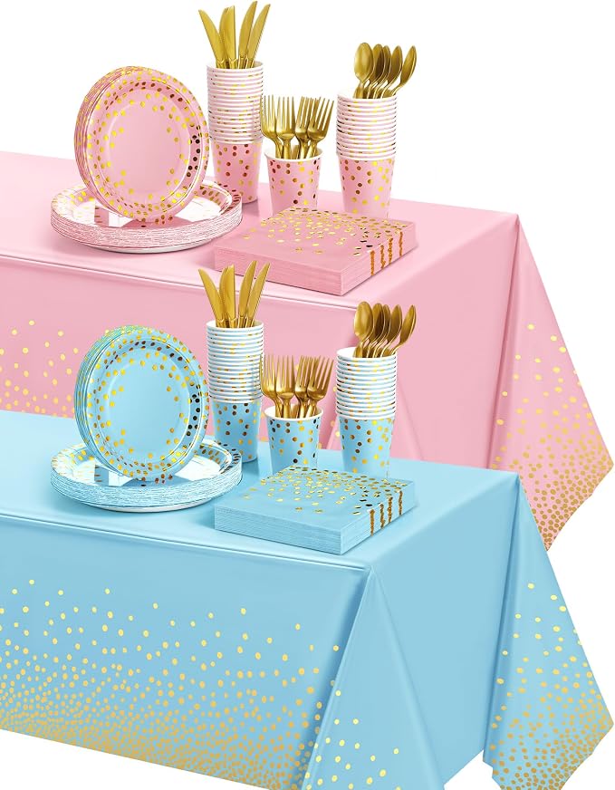 Tegeme Gender Reveal Party Supplies Pink and Blue Gold Dot Paper Plates Napkins and Tablecloths Set with Cups Forks Knives Spoons 256 Pcs Tableware for 36 Guest Baby Shower Birthday Party Decoration
