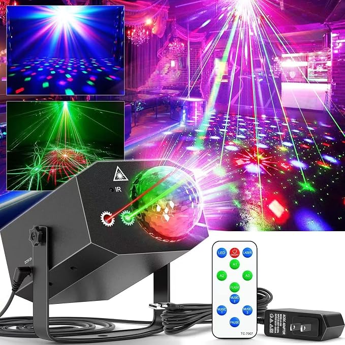 Party Lights, Dj Disco Ball Light, Strobe Stage Laser Lights Projector with Remote Control for Festivals Atmosphere Birthday Party Decorations（Plastic Shell）