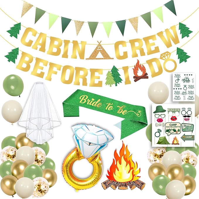 Camp Bachelorette Decorations Kit, Gold Green Bachelorette Party Supplies, Bachelorette Gifts for Bride Include Camping Party Banner, Bachelorette Temporary Tattoos, Bride Balloons Decor