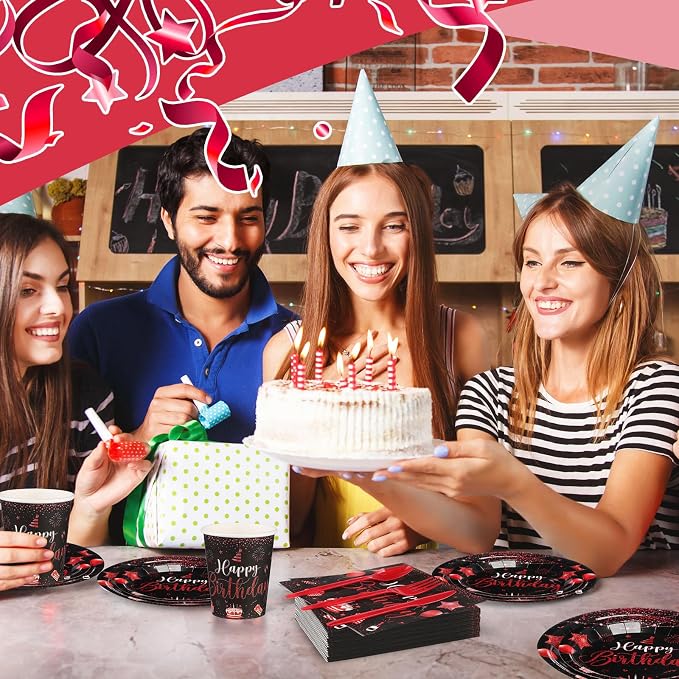 Vesici 350 Pcs Happy Birthday Party Supplies Disposable Party Tableware Set Serves 50 Included Plates Napkins Cups Cutlery for Men Woman 50th 80th Birthday Party Decorations (Black Red)
