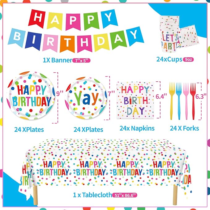 Happy Birthday Decorations - 156pc Birthday Party Supplies Set with Birthday Plates and Napkins, Happy Birthday Banner,Cups, Tablecloth(Serves 24)