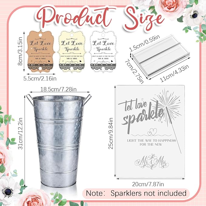 Henoyso 153 Pcs Wedding Send Off Set, 150 Lace Wedding Tags, 2 Pack 12.2 Inch Galvanized Metal Buckets, 1 Acrylic Send Off Sign with Stand for Party Decorations(Silver)