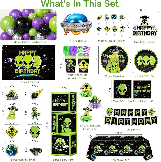 NeoRov 301 Pcs Alien Birthday Party Decorations Tableware Balloon Arch Set | Service 25 Guests | All-In-1 Pack Includes Backdrop, Tablecloth, Balloon Boxes, Balloon Kit | For UFO Theme Party