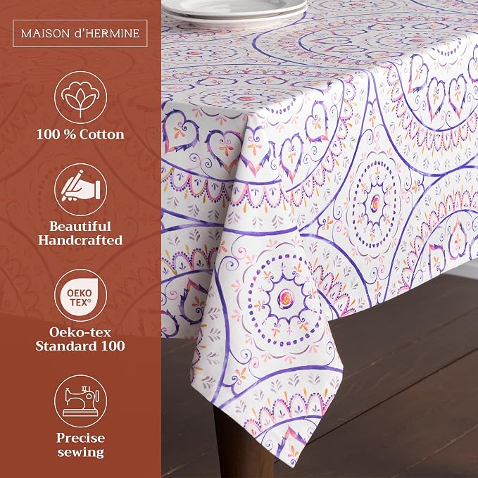 Maison d' Hermine Table Cloth Rectangle Table 100% Cotton 60 x 108 Inches Tablecloth Reusable Decorative for Dining Kitchen Room Farmhouse Party Home Hotel Restaurant Spring Summer - Mandala
