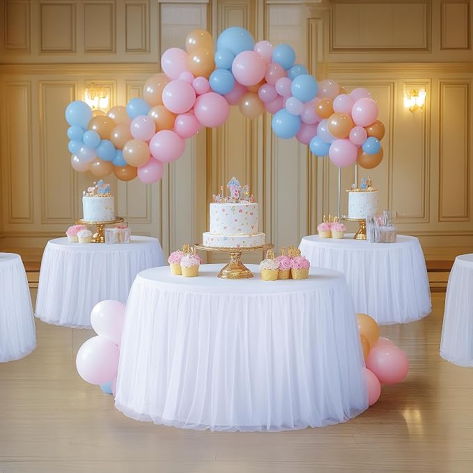 White Round Tablecloth 72 inch Stretchy Elastic Fitted Round Table Cloth Round Cover 132 inch, White Round Tulle Table Cloth with Skirt Wedding Birthday Party Cake Banquet Tables Decoration