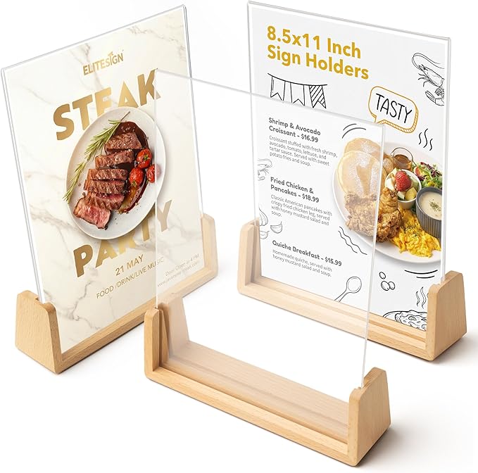 Acrylic Sign Holder 8.5 x 11 with Wood Base 3 Pack, Anti-Slip Silicone Bottom Menu Stand for Table, Clear Double Sided T-Shape & Slanted L-Shape Flyer Display for Office, Restaurant, Wedding