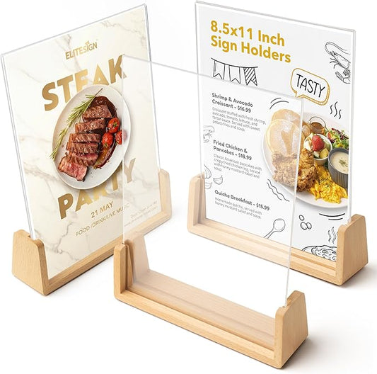 Acrylic Sign Holder 8.5 x 11 with Wood Base 3 Pack, Anti-Slip Silicone Bottom Menu Stand for Table, Clear Double Sided T-Shape & Slanted L-Shape Flyer Display for Office, Restaurant, Wedding