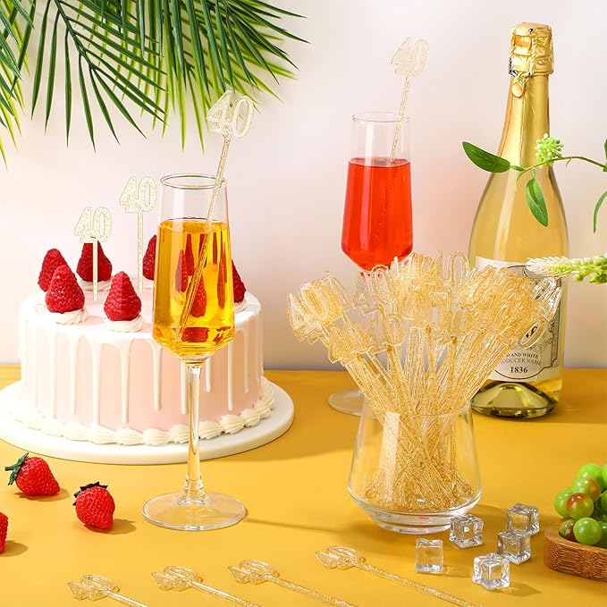 Reallnaive 100 Pcs 40th Birthday Drink Stirrers Gold Glitter Cocktail Stirrers Plastic Swizzle Sticks 7.5 Inch Fall Birthday Cupcake Toppers Sticks Bulk for Coffee Bar Cake Pops Christmas Party Favor