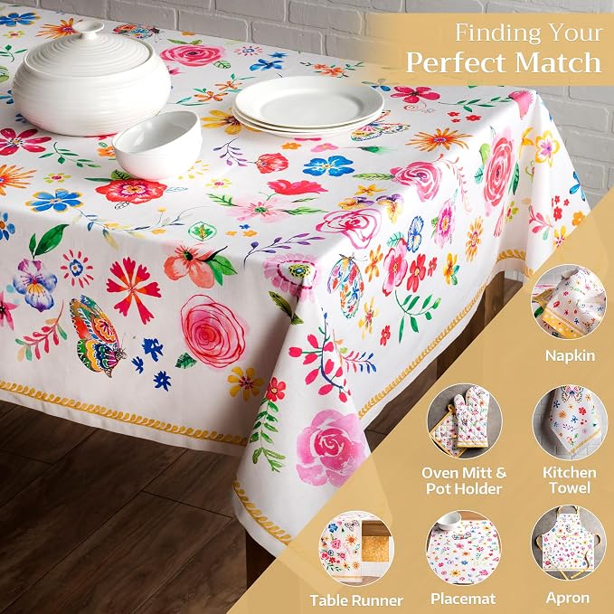 Maison d' Hermine Table Cloth Rectangle Table 100% Cotton 70 x 108 Inches Tablecloth Reusable Decorative for Dining Kitchen Room Farmhouse Party Hotel Restaurant Spring Summer - Happy Florals - Sweety