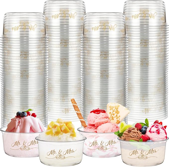 SiliFine 100 Pcs Mr and Mrs Wedding Cups 12 oz Disposable Ice Cream Cups Wedding Reception Bowls for Bridal Shower Engagement Anniversary Party Favors Supplies Decoration