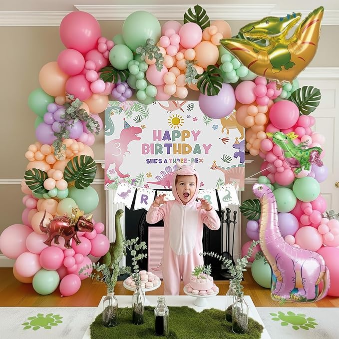 Three Rex 3rd Birthday Decorations with Pastel Pink Green Dinosaur Balloon Garland Dino Foil Balloons ROAR Banner Backdrop Footprint Stickers Palm Leaves for Girls 3 Year Old Dinosaur Party Supplies