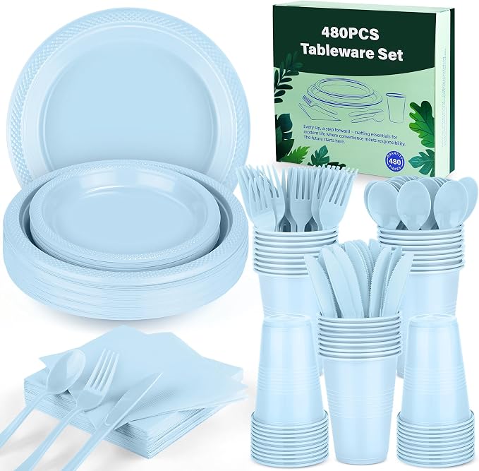 Kochorie 480 Pieces Light Blue Plastic Dinnerware Set Disposable Heavy Duty Plates Napkins Cups Silverware Dessert Dinner Plates for Birthday Wedding Baby Shower Party Supplies, Serves 60 Guests