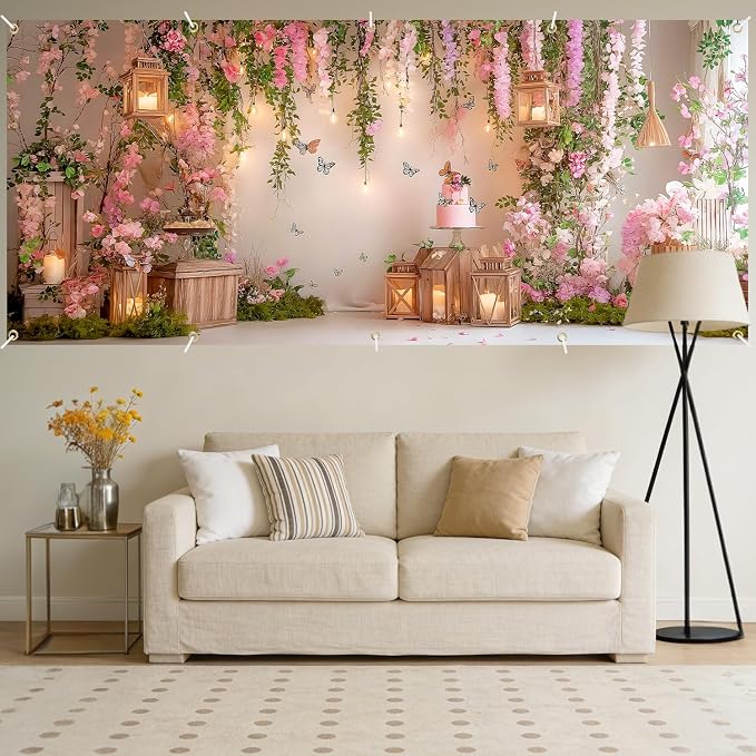 Garden Garage Door Banner Cover 7x16FT Waterproof Cherry Blossom Floral Backdrop with Butterflies –Spring Easter Wedding Decor,Baby Shower Photo Booth Background, Birthday Party & Outdoor Decoration