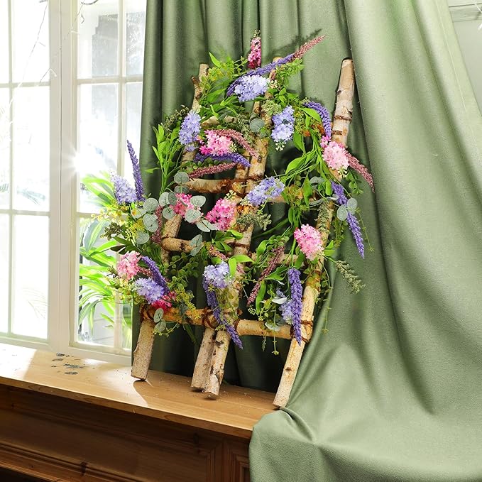 Giegxin 2 Pack 6 ft Artificial Flower Garland with Lilac and Lavender Purple Pink Flower Fake Wisteria Vines Summer Greenery Eucalyptus Garland for Wedding Mantle Porch Stair Table Indoor Decor
