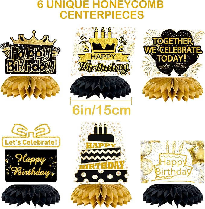 Black and Gold Birthday Decorations Kit for Men and Women, Happy Birthday Banner, Backdrop, Porch Sign, 6 Pcs Honeycomb Centerpieces, 6Pcs Hanging Swirls, Party Supplies (Black Gold For All Ages)