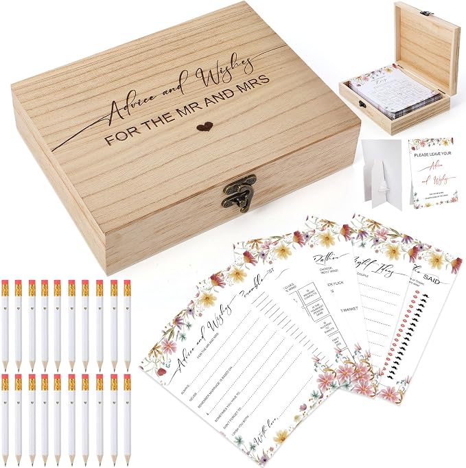 Silipull Bridal Shower Games Set for 50 Guests Includes Bingo, He Said She Said, Scramble, Would She Rather, Advice and Wishes Wedding Games Double Sided with Wooden Box, 20 Pencils(Wildflowers)