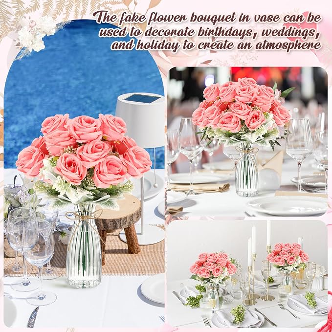 Zeyune 36 Pack Artificial Flowers Centerpiece with Vase Bulk for Wedding Table 24 Bundles Silk Floral Faux Rose Bouquet with 12 Plastic Vase for Bridal Shower Table Decor(Pink)