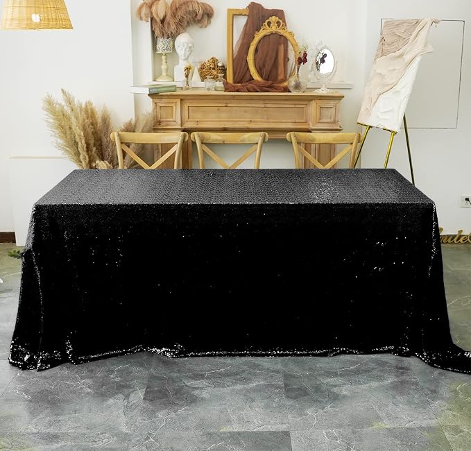 Black Sequin Tablecloth 90"x132" Party Glitter Tablecloth Rectangular Sequin Table Cover Overlay Glitter Wedding Birthday Reception Decoration Baby Bridal Shower Christmas Halloween Decorations