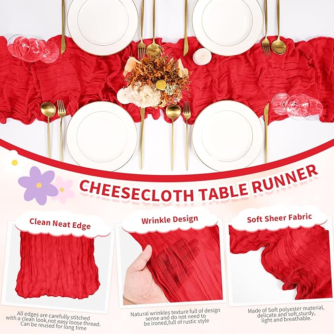 6 Pack Cheesecloth Table Runner,Red Table Runner Long Romantic Semi Sheer Rustic Boho Gauze Table Runners for Wedding Bridal Shower Birthday Party Decorations(17.7×108 Inch)