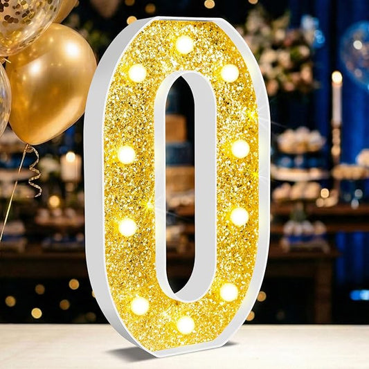 12.6 Inch LED Gold Marquee Light Up Numbers, Birthday Decorations Number Lights as Gifts for Girls Women Men, Glitter Lighted Marquee Numbers for Golden Anniversary Party Table Decor, 0
