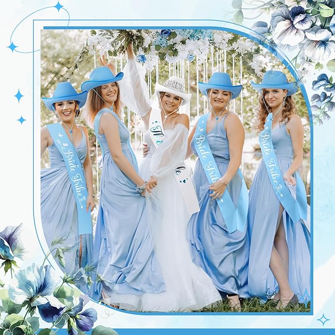 Newcotte 14 Pcs Bride Cowgirl Hat with Veil and Satin Sash Bachelorette Cowboy Hats Set for Wedding Party Bridal Shower Decor