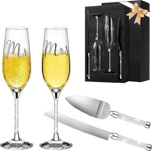 Wedding Cake Knife and Server Set, Mr and Mrs Champagne Flutes, Bride and Groom Champagne Glasses and Wedding Cake Cutting Set for Valentines, Wedding, Engagement, Bridal Shower Gifts (Silver)