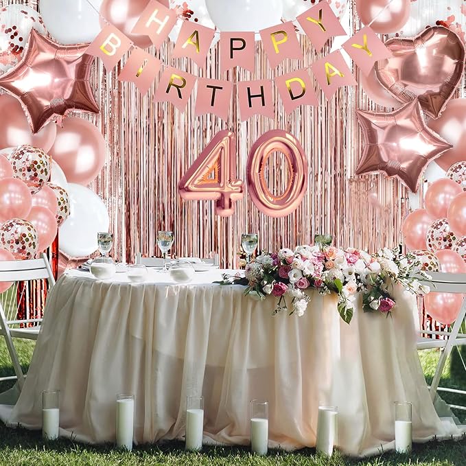 255 Pcs Rose Gold 40th Birthday Decorations for Women – Party Decoration Supplies Kit with “Happy Birthday” Banner, Balloons, Crown, Sash, Cake Topper, Tableware & Fringe Curtain for 25 Guests