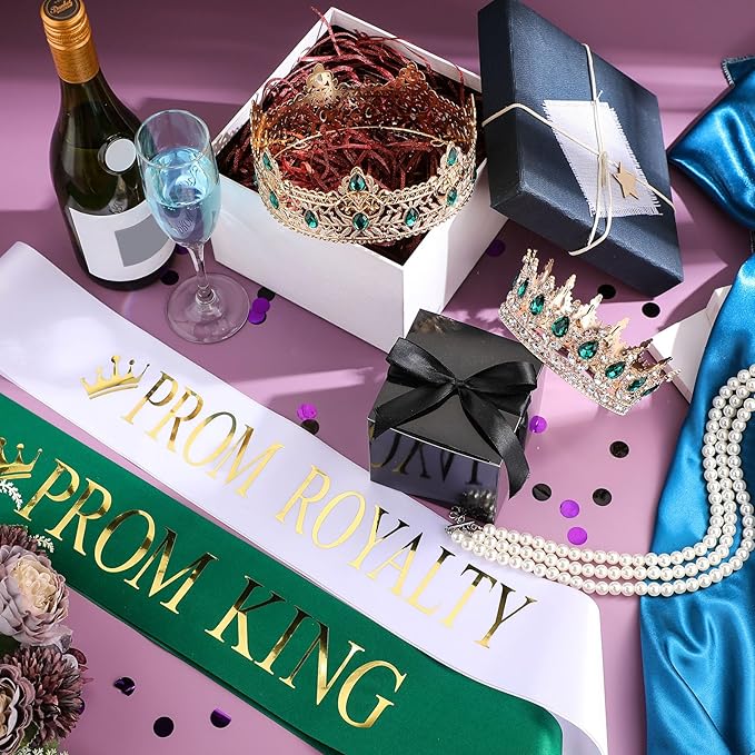 Saintrygo 12 Pcs Prom Crown and Sash Set, Prom King and Queen Tiara Rhinestone Crown Glitter Court Royal Satin Sash for 2026 Graduation Ball Dance Night Party Birthday Accessory(Green,Elegant)