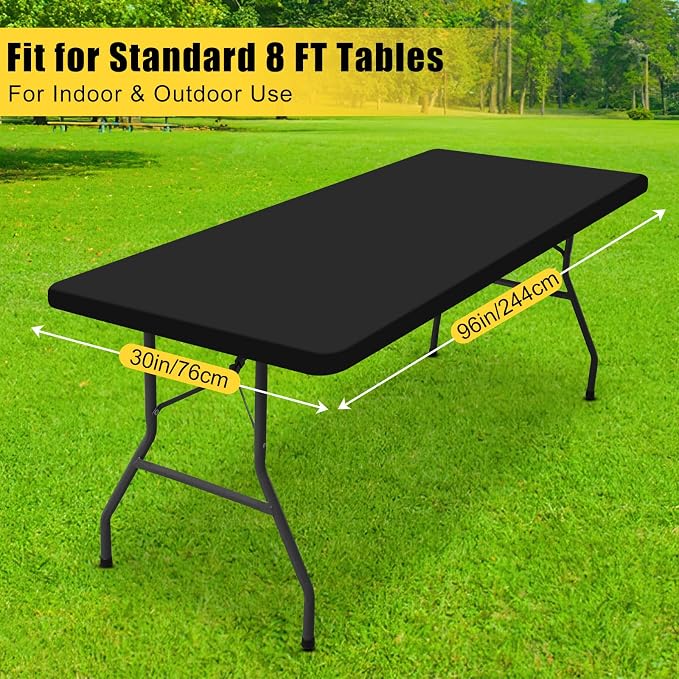 Smiry 3 Pack Rectangle Table Cloth, Elastic Fitted Flannel Backed Vinyl Tablecloths for 8ft Folding Tables, Waterproof Wipeable Table Covers for Indoor, Outdoor, Camping and Picnic (Black, 30"x96")