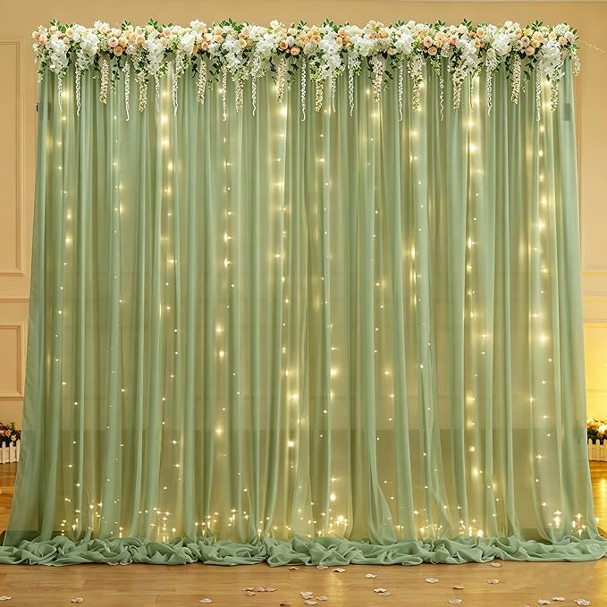 10ft x 10ft Sage Green Chiffon Backdrop Curtain with Lights String for Parties,2 Panels Sheer Tulle Curtain Wedding Backdrop for Baby Shower Birthday Party Ceremony Reception Home Decorations
