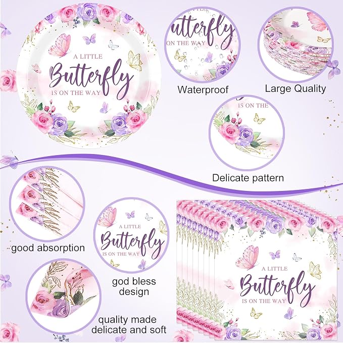 Funnymoom 452 Pcs Butterfly Baby Shower Party Supplies Set a Little Butterfly Is on the Way Party Decorations Include Butterfly Paper Plates Napkins Cups Tablecloth Cutlery Straws for ladies Spring