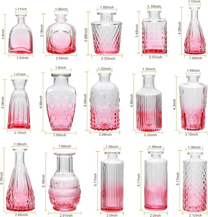 Glass Bud Vase Set of 18,Small Glass Vintage Vases for Flowers,Pink Bud Vases in Bulk for Rustic Wedding Decor,Table Centerpieces,Decor Centerpiece for Bathroom