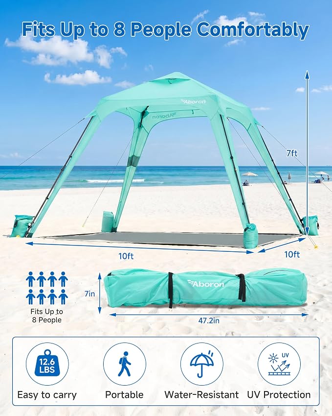 Slsy Beach Tent 10 x 10 FT, Beach Shelter with Removable Side Wall, UPF 50+ Sun Protection Canopy Cabana, Easy Setup Shade with Sandbags, Stakes & Guy Lines, Wind Resistant, Fits 6-8 People