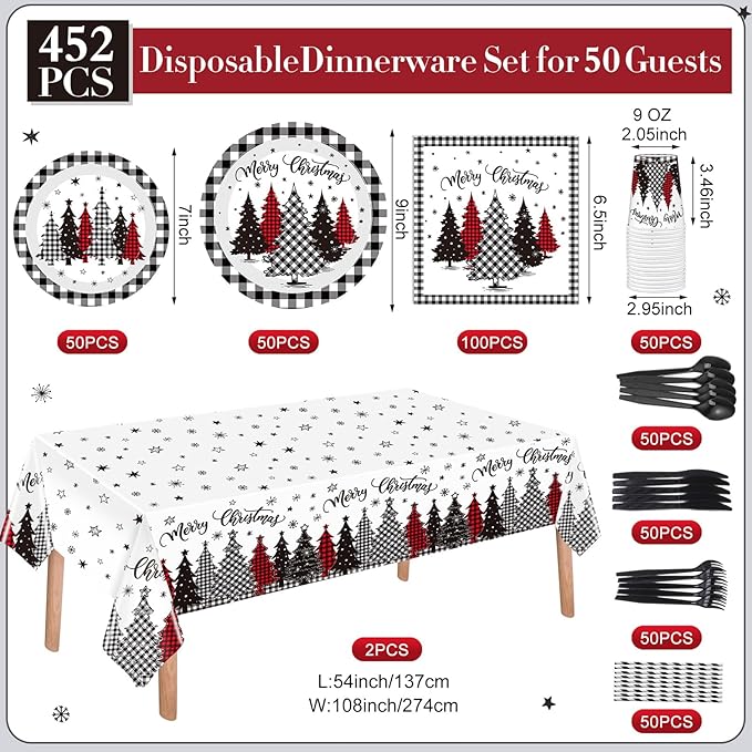 Funnymoom 452 Pcs Christmas Tree Party Supplies for 50, Black Buffalo Plaid Gingham Christmas Paper Plates Napkins Cups Tablecloth Cutlery Straws Tableware Set for Xmas Holiday Party Decorations