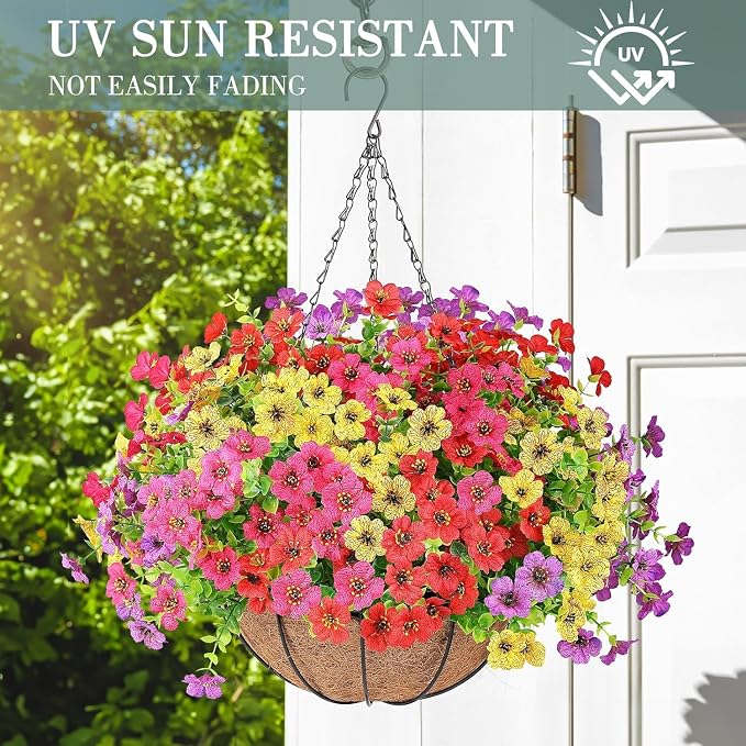 AGIRL 2 Set Artificial Hanging Flowers with Baskets for Outdoors,UV Resistant Fake Hanging Plants for Outdoor Porch Patio Garden, Realistic Silk Flowers for Spring Summer Home Decor