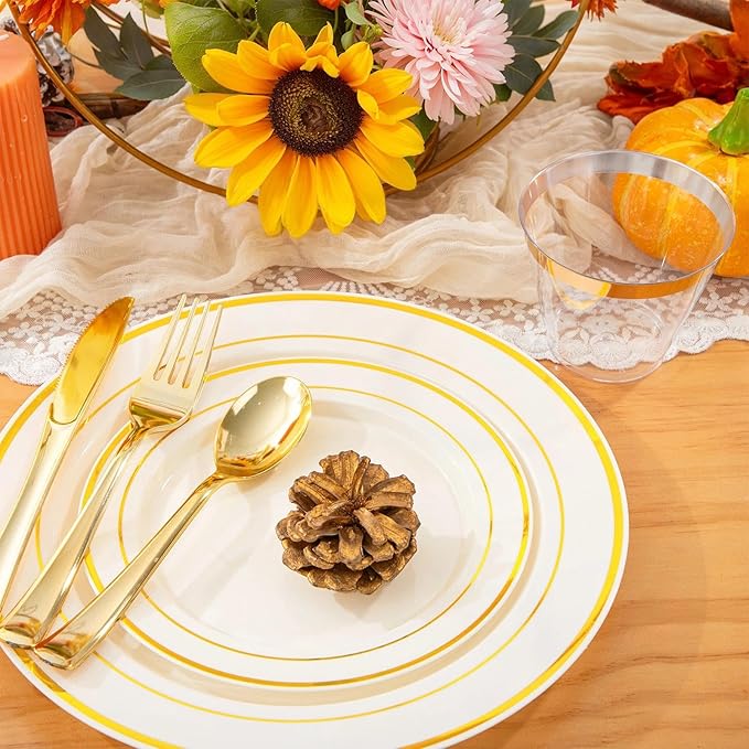 WELLIFE 210PCS Ivory Plastic Plates for 30 Guests - Gold Plastic Plates, Platos Para Fiestas Elegantes Desechables, Disposable Plate for Party and Wedding