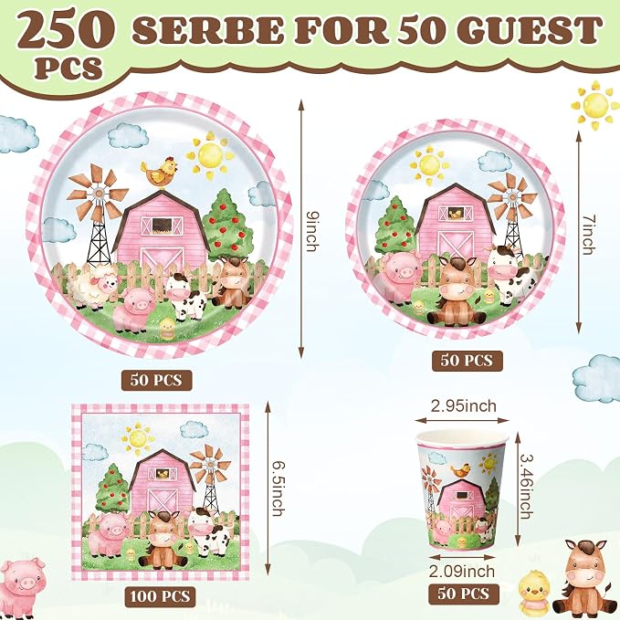 Funnymoom 250 Pcs Farm Animals Themed Party Decorations Barn Animal Paper Plates Cups and Napkins Disposable Pink Barnyard Farm Tableware Set for Birthday Baby Shower Party Supplies, Serves 50